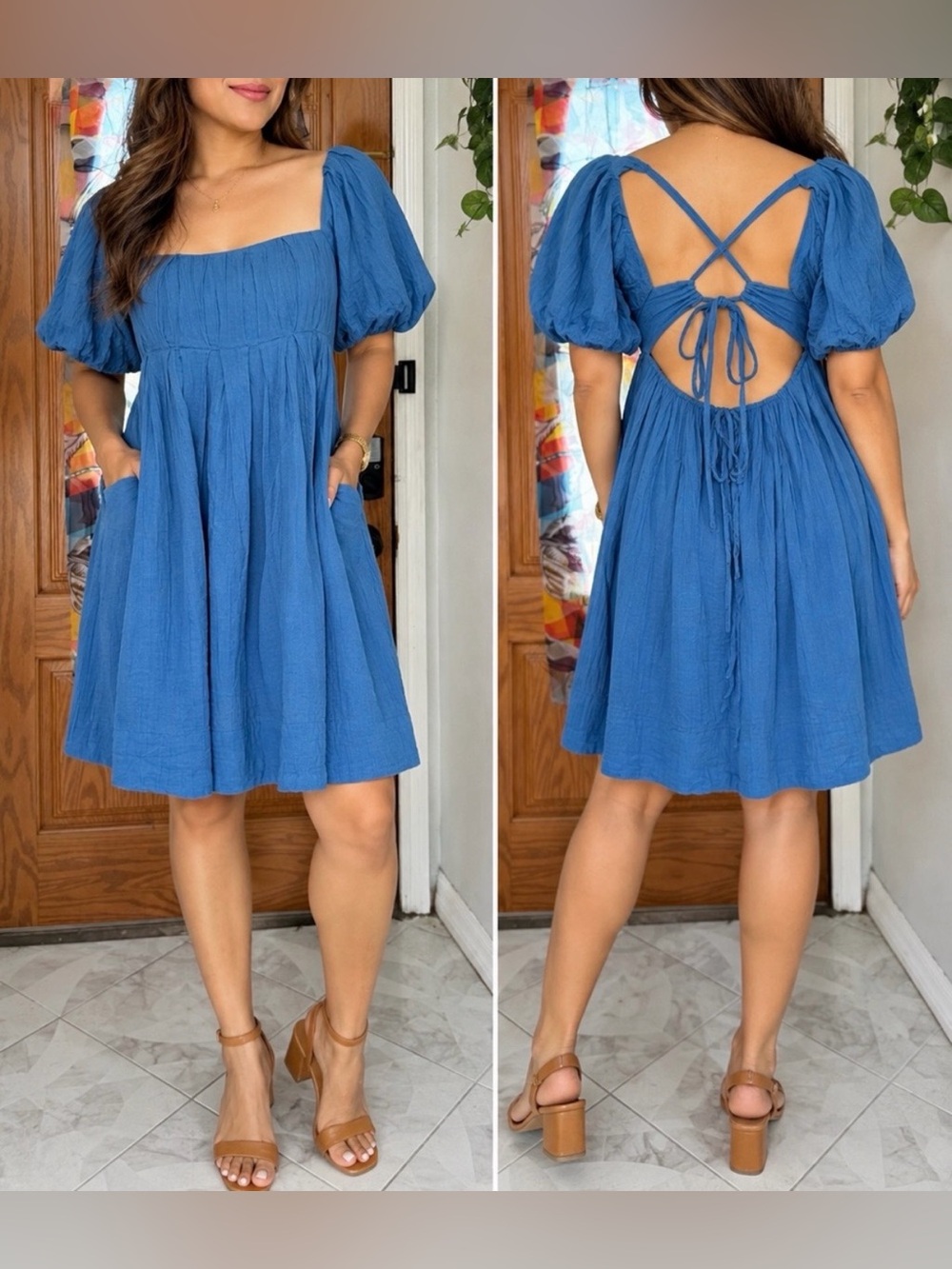 Free People Mariana Mini Dress Blue SzS Babydoll Puff Sleeve Open Back Boho Chic